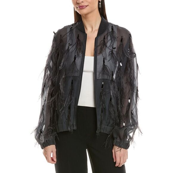 Brunello Cucinelli WomensFeather Trim Silk Jacket